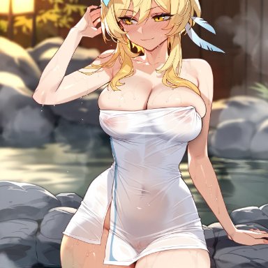 genshin impact, amber (genshin impact), lumine (genshin impact), floox, thiccwithaq (ai style), 2girls, blonde hair, breasts, brown hair, female, hips, large breasts, light skin, light-skinned female, long hair