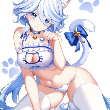 genshin impact, hoyoverse, mihoyo, furina (genshin impact), kiyochiishoko, 1girls, alternate costume, animal ears, animal tail, belly button, blue eyes, blue hair, blue nails, cat lingerie, cat tail