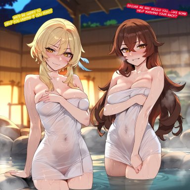 genshin impact, amber (genshin impact), lumine (genshin impact), floox, thiccwithaq (ai style), 2girls, blonde hair, breasts, brown hair, female, hips, large breasts, light skin, light-skinned female, long hair