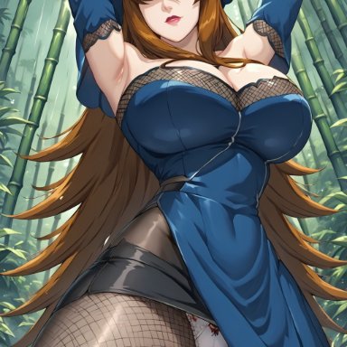 naruto, naruto (series), naruto shippuden, mei terumi, terumi mei, shuangshou bao jian, 1girls, armpits, arms behind head, arms up, auburn hair, big breasts, breasts, brown hair, dress