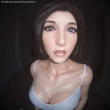 lara croft (survivor), staycutepls, big breasts, brunette, chocker, cleavage, clothed female, earrings, hoop earrings, lip biting, long tongue, mouth fetish, pov, tank top, tongue out