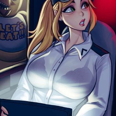 five nights at freddy's, chica (fnaf), vanessa (fnaf), magaska19, blonde female, blonde hair, bra, female, hat, security guard, see-through, see-through clothing