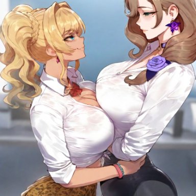 genshin impact, granblue fantasy, lisa (genshin impact), zeta (granblue fantasy), -pov, 2girls, ass, bangs, big ass, big breasts, big butt, big thighs, blonde eyebrows, blonde female, blonde hair