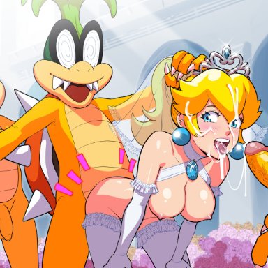 mario (series), super mario bros., super mario odyssey, bowser, iggy koopa, koopalings, lemmy koopa, princess peach, tekuho, blonde hair, blue eyes, blush, cleavage, cum, cum in mouth