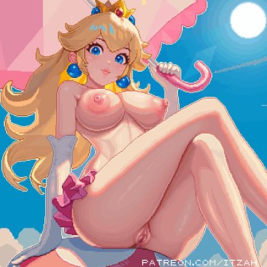 mario (series), nintendo, super mario bros., princess peach, itzah, 1girls, areola, areolae, bare legs, blonde female, blonde hair, blonde hair female, blue eyes, breasts, clitoris