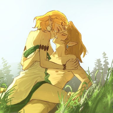 breath of the wild, tears of the kingdom, the legend of zelda, link, link (breath of the wild), link (tears of the kingdom), princess zelda, zelda (tears of the kingdom), 1boy, 1boy1girl, 1girls, ambiguous penetration, arm around partner, blonde hair, blush