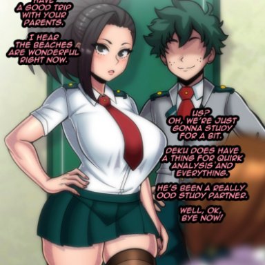 my hero academia, izuku midoriya, midoriya izuku, momo yaoyorozu, ochako uraraka, belmont, 1boy, 2girls, bare arms, bare thighs, big breasts, black eyes, black hair, brown hair, clothed