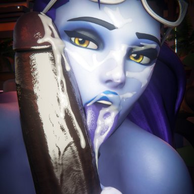 overwatch, overwatch 2, amelie lacroix, widowmaker, syna, arm tattoo, bbc, big breasts, big penis, black eyeshadow, black nails, blowjob, blue lipstick, cum, cum in mouth