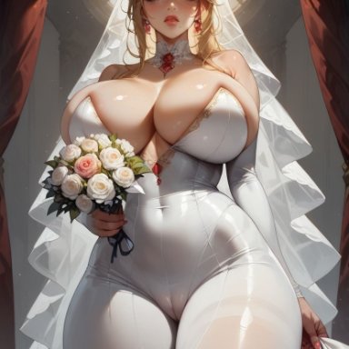 metroid, samus aran, gmgkaiser, annoyed, barely contained breasts, big breasts, blonde, blonde female, blonde hair, bouquet, busty, flowers, haughty face, hourglass figure, huge breasts