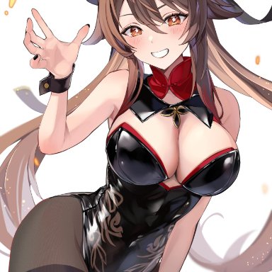 genshin impact, hoyoverse, mihoyo, hu tao (genshin impact), paitayu, 1girls, alternate breast size, alternate costume, big breasts, black bunnysuit, black nails, brown hair, bunnysuit, butterfly, cleavage