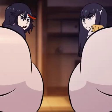 kill la kill, kiryuuin satsuki, matoi ryuuko, asstronsfw, 2girls, ass, ass dough, big ass, big butt, black eyes, black hair, butt, dat ass, dress, fat ass