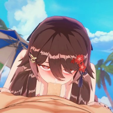 genshin impact, hu tao (genshin impact), kksallyear, nyanify, 1boy1girl, beach, bikini, black fingernails, blowjob, blush, brown hair, flower-shaped pupils, hair accessory, hands on thighs, light-skinned female