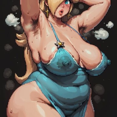 mario (series), nintendo, super mario galaxy, princess rosalina, ashleybarkz, 1girls, armpit hair, armpits, arms behind head, bbw, belly, big breasts, blonde hair, blue eyes, breasts