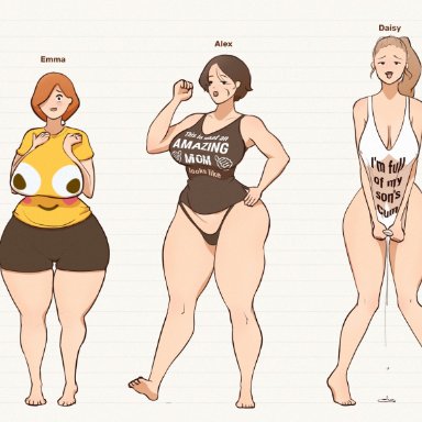 alex (baldgaben), blushing emoji, daisy (baldgaben), emma (baldgaben), baldgaben, blowjob gesture, cleavage, cum drip, cum dripping out of pussy, dripping, dripping cum, female, female only, flushed emoji shirt, height chart