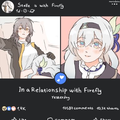 facebook, honkai (series), honkai: star rail, firefly (honkai: star rail), stelle (honkai: star rail), trailblazer (honkai: star rail), moccobea, 2girls, black gloves, black hairband, black jacket, blue eyes, blush, bottomless, closed mouth