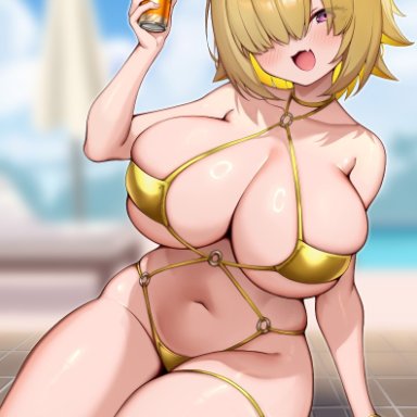 goddess of victory: nikke, elegg (nikke), kaptivate, :3, :d, ahoge, bikini, blonde hair, breasts, can, choker, curvy, cute fang, eyepatch bikini, female