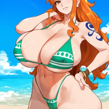 one piece, shounen jump, nami, nami (one piece), darkmagic ai, 1girls, bare arms, bare legs, bare shoulders, bare thighs, beach, big breasts, bikini, bikini bottom, bikini top