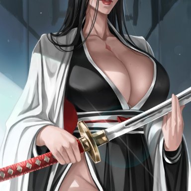 bleach, pixiv, unohana retsu, wtparadise, 1girls, big breasts, black and white clothing, black clothing, black hair, black kimono, breasts, busty, cleavage, collarbone, earrings