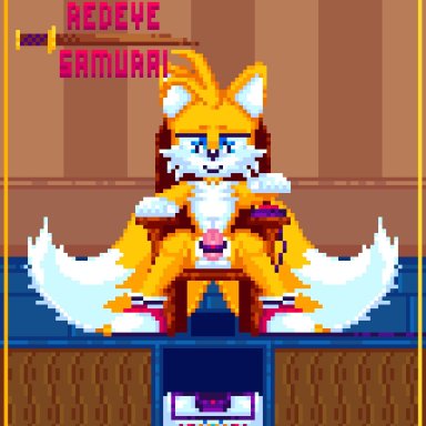 sega, sonic (series), sonic the hedgehog (series), tails the fox, redeye samurai (artist), 1boy, anthro, autopenetration, balls, balls expansion, big penis, blue eyes, bodily fluids, clothing, cum