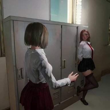 gree, greenice (gree-nice), blonde hair, fellatio, fellatio pov, first person view, futanari, inside locker, light skin, light-skinned futanari, locker, oral sex, penis, penis under skirt, pov