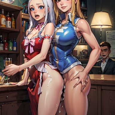 fairy tail, lucy heartfilia, mirajane strauss, puffyart, 1futa, 1futa1girl, 1girl1futa, amber eyes, big breasts, blonde hair, blue eyes, blush, breasts, cum, cum in pussy