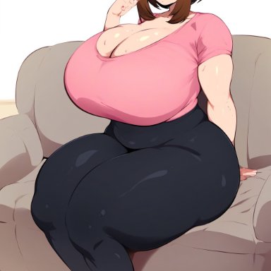 my hero academia, ochako uraraka, uraraka ochako, goldencum34, big ass, big breasts, black leggings, cleavage, fat ass, huge ass, huge breasts, looking at viewer, on couch, pink shirt, thick thighs