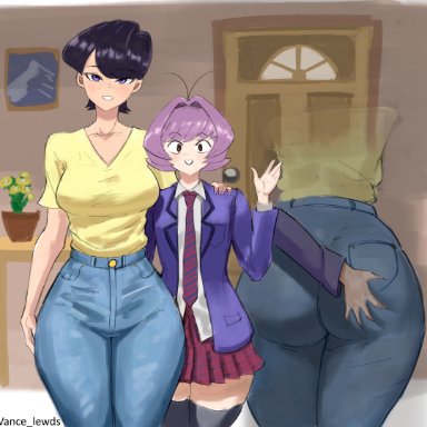 komi-san wa komyushou desu, komi shuuko, osana najimi, vance lewds, big ass, black hair, blue jeans, blue pants, brown eyes, clothed, eye contact, female, female only, fully clothed, futa on futa