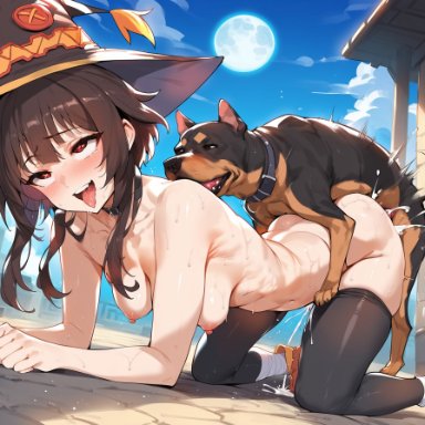 megumin, megumin (cosplay), dogg, jarosh, anal, anal sex, animal genitalia, animal penis, cum, cum drip, cum in ass, cum in mouth, cum in pussy, cum inside, cum on body