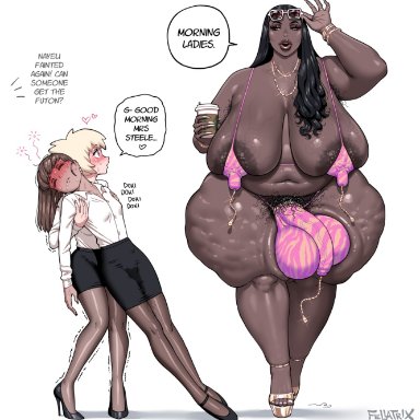 annabelle (fellatrix), nayeli (fellatrix), fellatrix, 1futa, 2girls, big areola, big breasts, big butt, big penis, bikini, blonde hair, bulge, cellulite, dark-skinned female, dark-skinned futanari