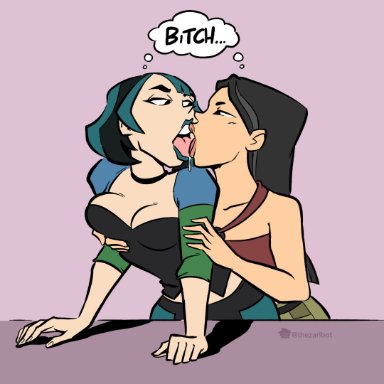 total drama island, gwen (tdi), heather (tdi), zaribot, 2girls, breast grab, breasts, busty, cleavage, clothed, female, female focus, female only, french kiss, from behind