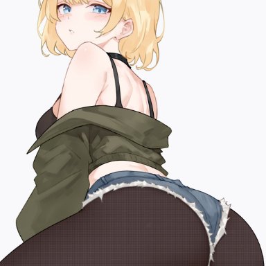 hololive, hololive english, hololive myth, watson amelia, bluefield, 1girls, alternate costume, ass, ass focus, bed sheet, black choker, black pantyhose, black shirt, blonde hair, blue eyes