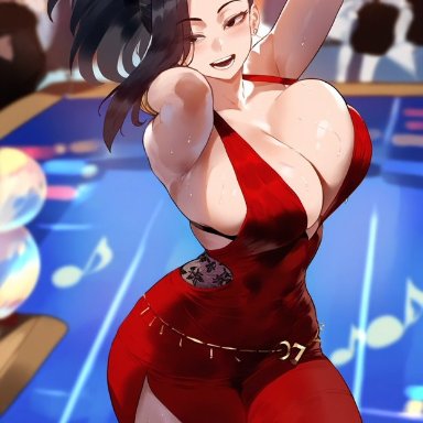 my hero academia, momo yaoyorozu, erotic nansensu, 1girls, arms up, asymmetrical bangs, bare shoulders, big ass, big breasts, black eyes, black hair, blush, bouncing breasts, bracelet, cleavage