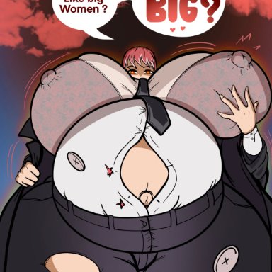 chainsaw man, makima (chainsaw man), gurrygoo, 1girls, belly, big belly, big breasts, breast expansion, breasts, button pop, expansion, female, huge breasts, inflation, massive breasts