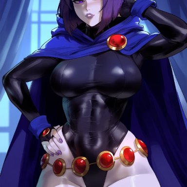 dc comics, teen titans, raven (dc), creamy ai, 1girls, alternate breast size, cloak, curvy, female, female only, highleg leotard, large breasts, leotard, purple eyes, purple hair