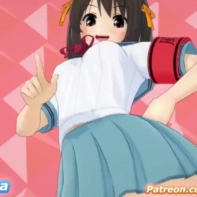 ppppu, suzumiya haruhi no yuuutsu, suzumiya haruhi, anonbluna, adorable, ass, assertive female, blush, bodily fluids, brown hair, bunnysuit, cheerleader, cheerleader uniform, creampie, cum