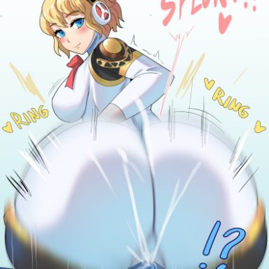 persona, persona 3, aigis (persona), makoto yuki, ytrall, 1boy, 1girls, ass, big ass, blonde hair, bottom heavy, breasts, bubble butt, buttjob, cum