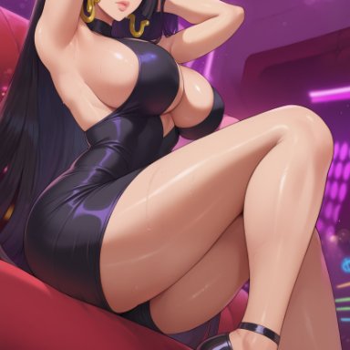 one piece, shounen jump, boa hancock, amiral ai, 1girls, armpits, bare arms, bare legs, bare shoulders, bare thighs, big breasts, black hair, blue eyes, blush, clothed