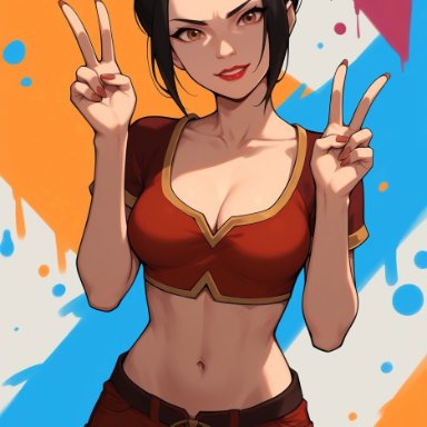 avatar the last airbender, azula, pikkiwynn, 1girls, belt, black hair, breasts, brown eyes, cleavage, collarbone, cowboy shot, crop top, double v, female, hair bun