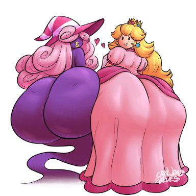 mario (series), paper mario, paper peach, princess peach, vivian (paper mario), crawdadblues, 2girls, ass, ass bigger than body, ass bigger than head, ass bigger than torso, ass to ass, blonde hair, bubble butt, clothing