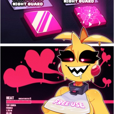 five nights at freddy's, five nights at freddy's 2, toy chica (fnaf), sheerly, 1girls, animatronic, big breasts, breasts, breath cloud, crazy eyes, female, glowing eyes, heart symbol, heart-shaped pupils, nipple slip