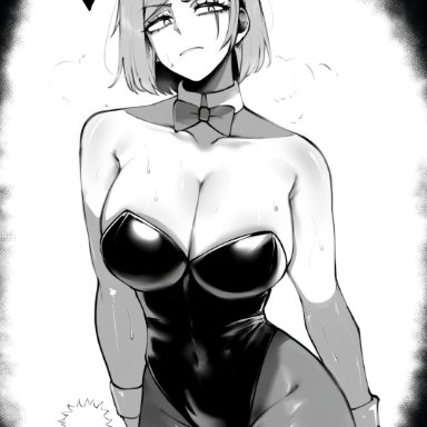 jujutsu kaisen, itadori yuuji, kugisaki nobara, masoq095, angry, angry expression, big breasts, breasts, bunnysuit, monochrome