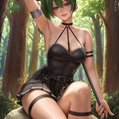 sousou no frieren, ubel (sousou no frieren), sciamano240, armpit fetish, armpits, arms up, bare shoulders, black dress, black outfit, black skirt, black stockings, dress, green hair, imminent cumshot, knees