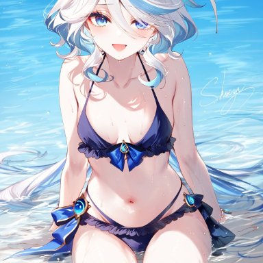 genshin impact, hoyoverse, mihoyo, furina (genshin impact), poyon na, alternate costume, belly button, bikini, bikini bottom, bikini top, blue bikini, blue bikini bottom, blue bikini top, blue hair, day