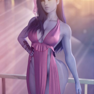 overwatch, overwatch 2, widowmaker, noahgraphicz, 1girls, arm tattoo, bare armpits, bare arms, bare shoulders, big breasts, blue skin, blue skinned female, breasts, bright, cleavage