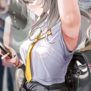 honkai (series), honkai: star rail, hoyoverse, mihoyo, stelle (honkai: star rail), kabu usagi, arm up, armpit fetish, armpits, bus, distracted, grey hair, medium breasts, no consent needed, school uniform