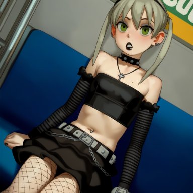 soul eater, maka albarn, blackedgens, 1girls, black lipstick, female, female only, fishnet legwear, fishnets, goth, goth girl, lipstick, looking at viewer, midriff, sitting