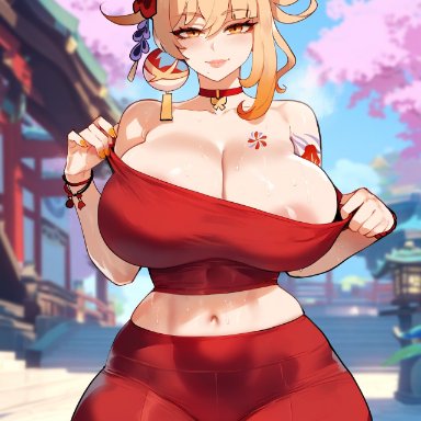 genshin impact, yoimiya (genshin impact), miyuai, 1girls, areola, areola slip, areolae, big areola, big breasts, big thighs, blonde hair, crop top, curvy, female, female focus