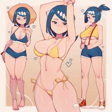 game freak, nintendo, pokemon, pokemon sm, lana's mother (pokemon), misty (pokemon) (cosplay), satelyte, 1girls, alternate breast size, bikini, blue eyes, blue hair, breasts, female, huge breasts