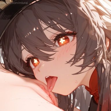 genshin impact, hu tao (genshin impact), miurai, 2girls, brown hair, cunnilingus, lesbian sex, pussy, pussy juice, saliva, tongue, tongue out, yuri, ai generated, censored