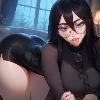 olie, thiccwithaq (ai style), xandr, 1girls, ass, big breasts, bimbo, bimbo body, black hair, black shirt, breasts, brown eyes, choker, curvy, curvy figure